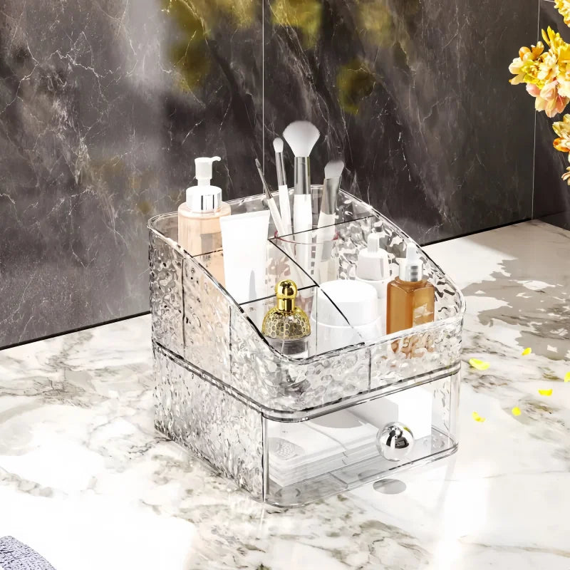 Ovelle Stackable Countertop Makeup Organizer | Clear Wavy Storage with Drawers