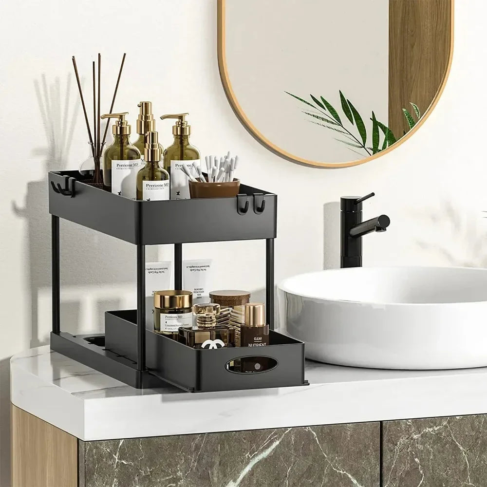Ovelle 2-Tier Under-Sink Sliding Organizer | Cabinet Basket with Hooks