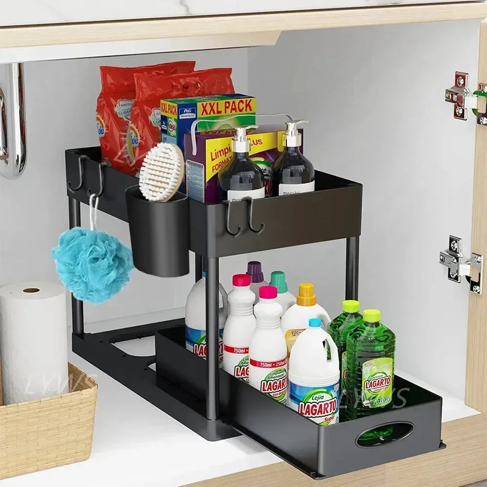 Ovelle 2-Tier Under-Sink Sliding Organizer | Cabinet Basket with Hooks