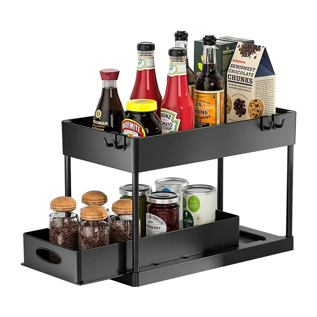 Ovelle 2-Tier Under-Sink Sliding Organizer | Cabinet Basket with Hooks