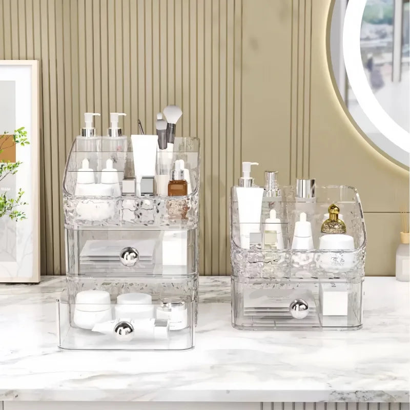 Ovelle Stackable Countertop Makeup Organizer | Clear Wavy Storage with Drawers
