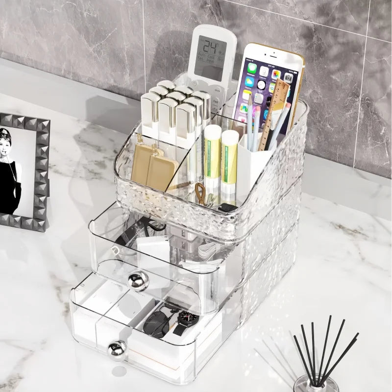 Ovelle Stackable Countertop Makeup Organizer | Clear Wavy Storage with Drawers