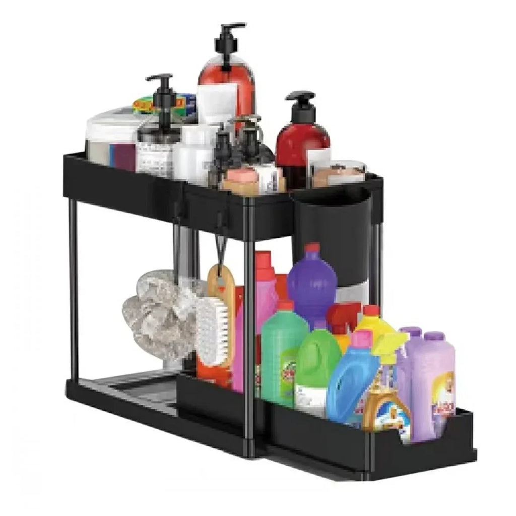 Ovelle 2-Tier Under-Sink Sliding Organizer | Cabinet Basket with Hooks