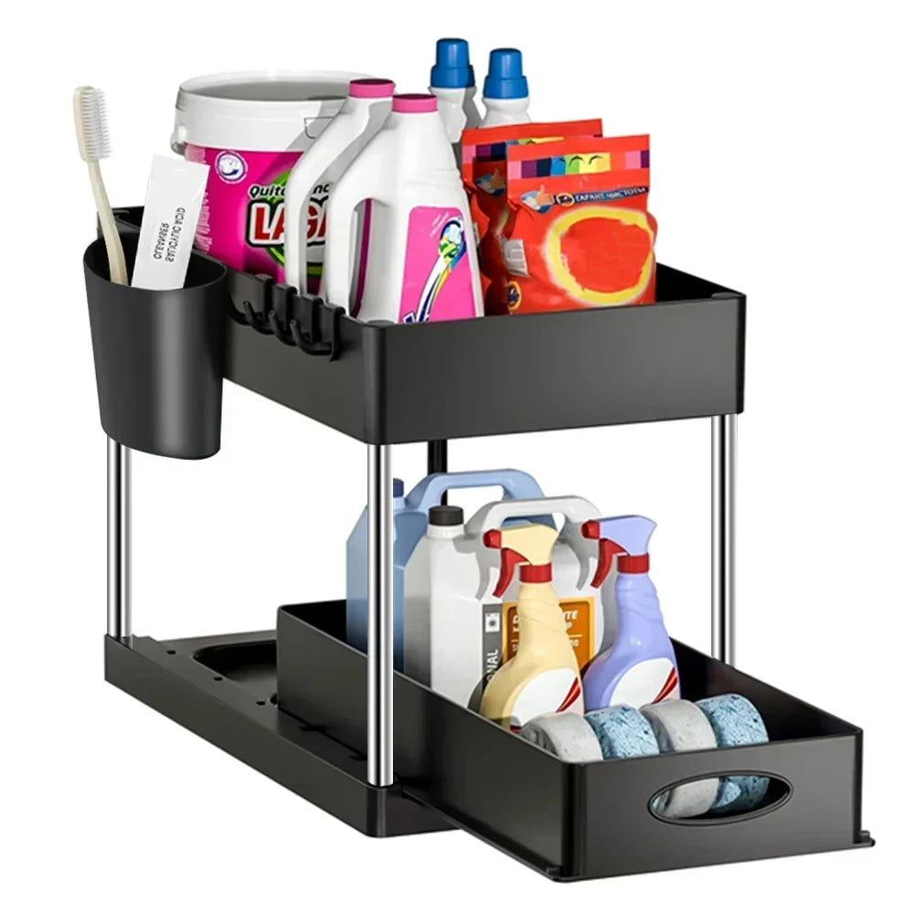Ovelle 2-Tier Under-Sink Sliding Organizer | Cabinet Basket with Hooks