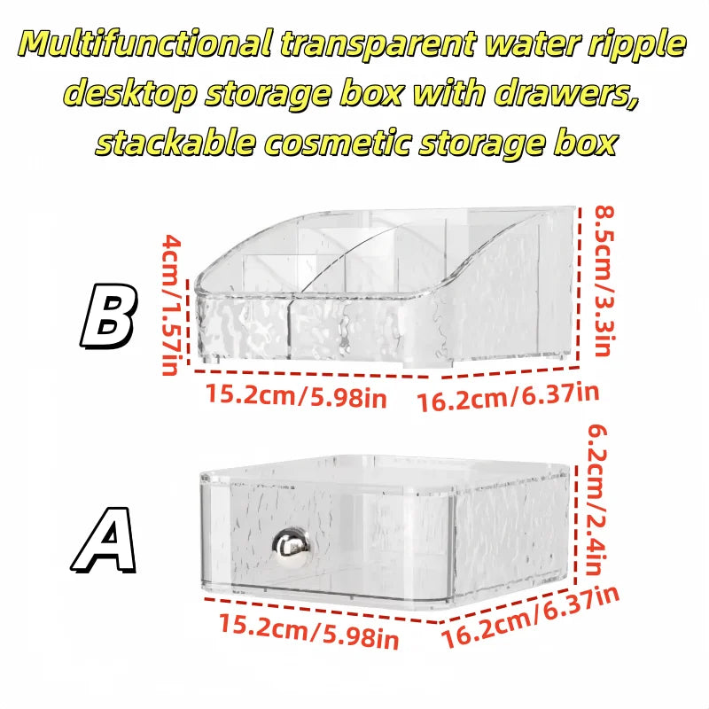 Ovelle Stackable Countertop Makeup Organizer | Clear Wavy Storage with Drawers