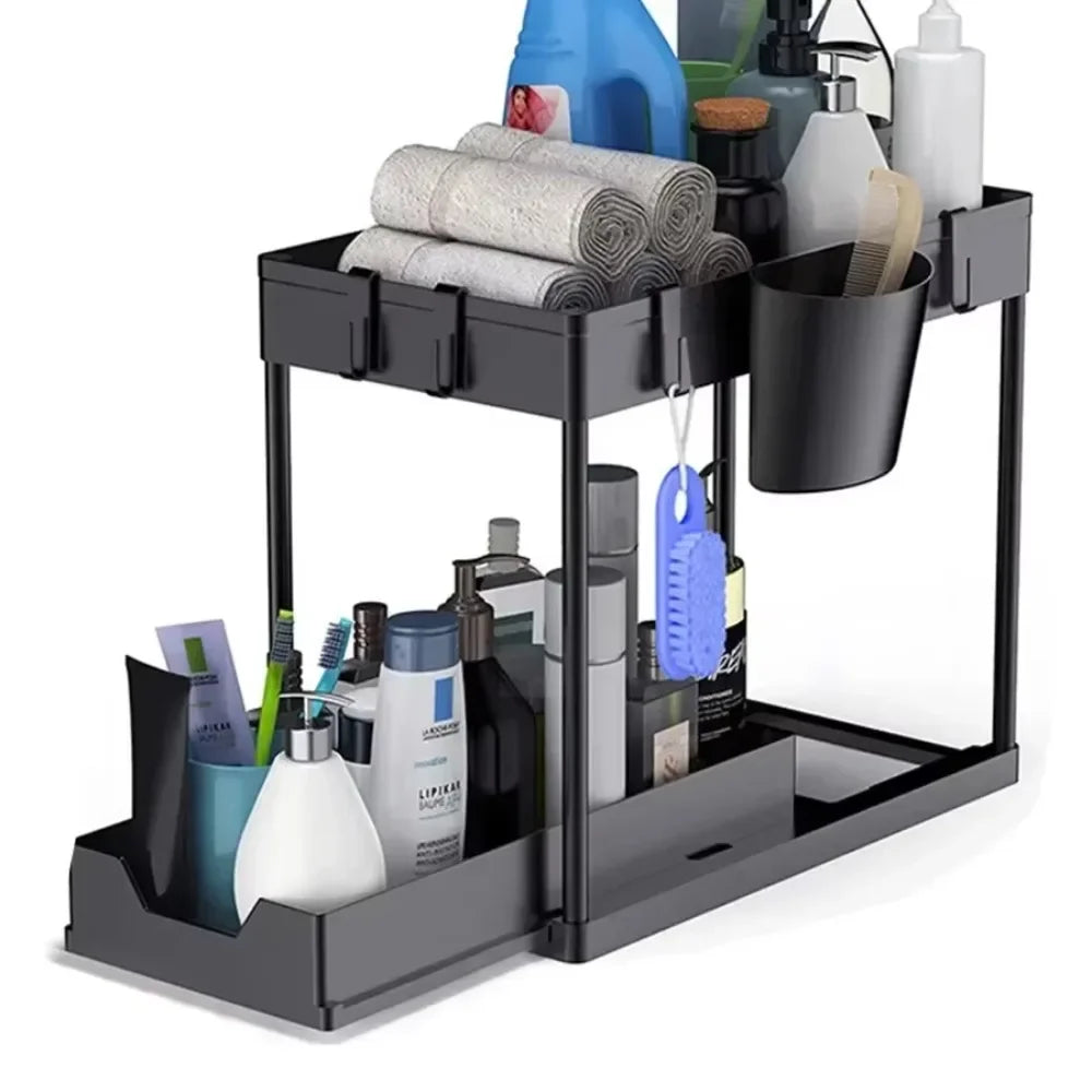 Ovelle 2-Tier Under-Sink Sliding Organizer | Cabinet Basket with Hooks