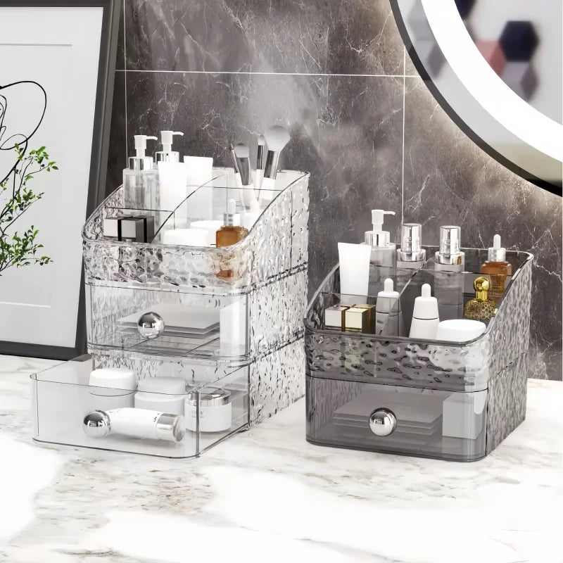 Ovelle Stackable Countertop Makeup Organizer | Clear Wavy Storage with Drawers