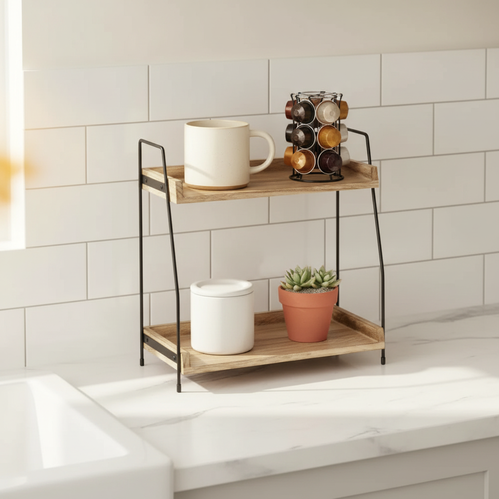 Ovelle 2-tier wood and black metal coffee bar organizer styled on marble countertop