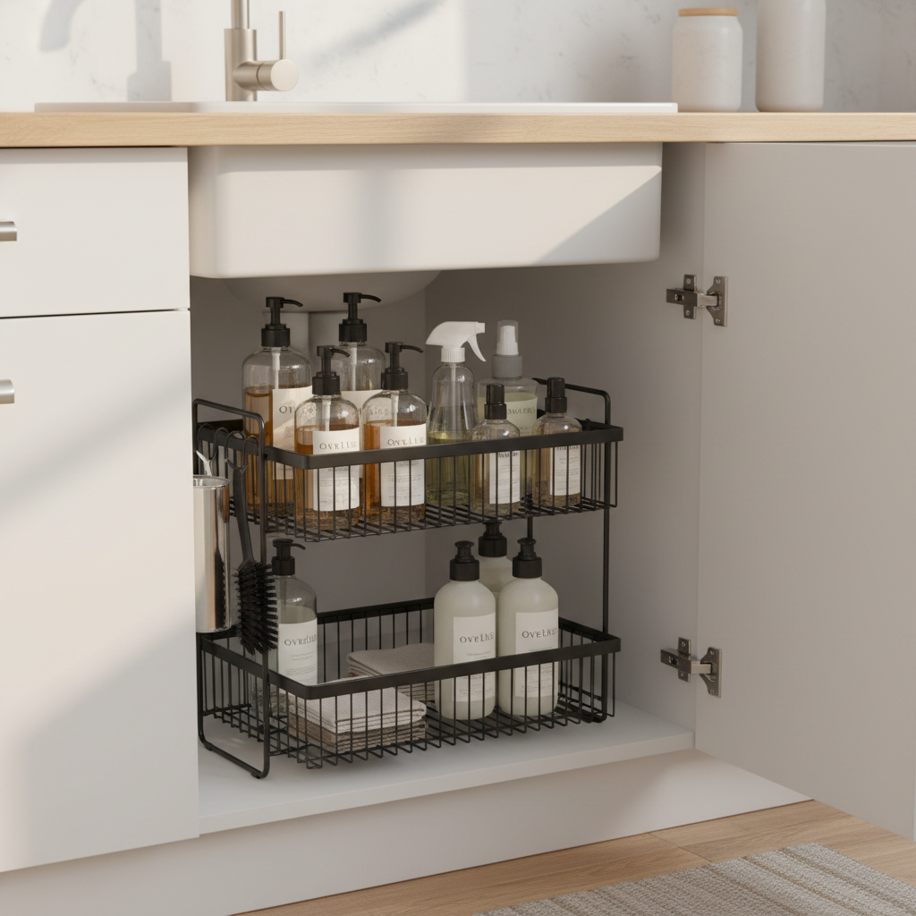 Ovelle 2-tier under-sink sliding organizer with black metal frame styled under white kitchen cabinet