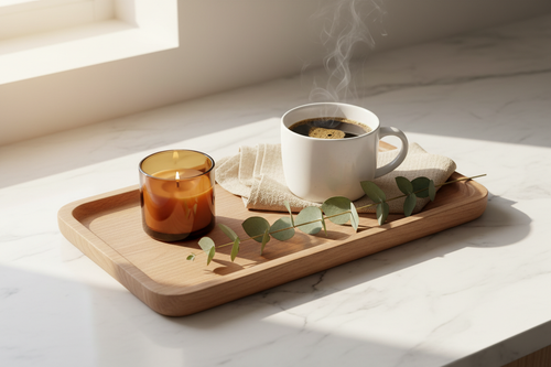 Ovelle Rectangular Wood Tray styled with candle, coffee mug, eucalyptus and linen napkin on marble countertop